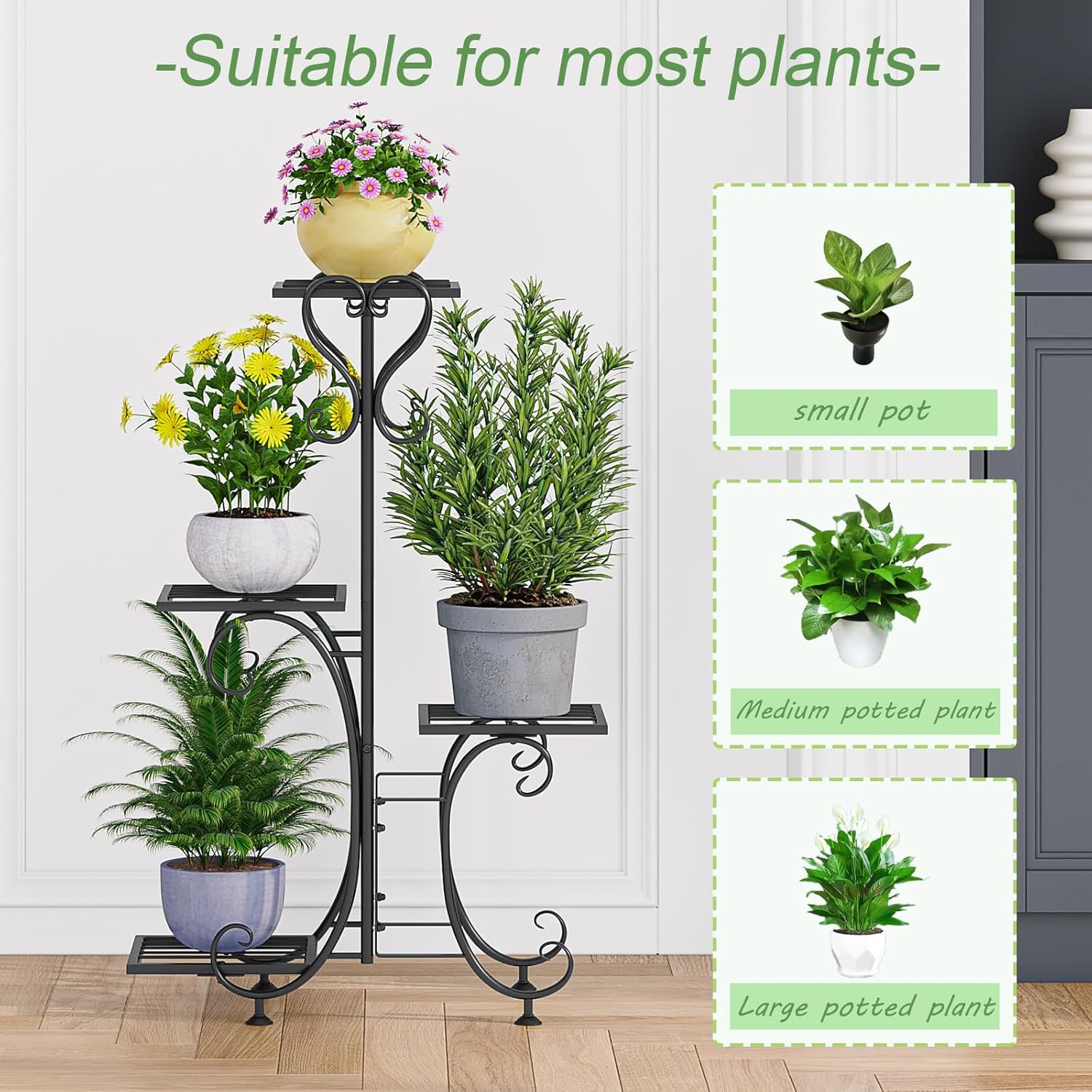 ZHEILFG 4-Tier Metal Plant Stand, Tall Indoor & Outdoor Flower Shelf for Multiple Plants, Corner Pot Rack for Living Room, Garden & Patio