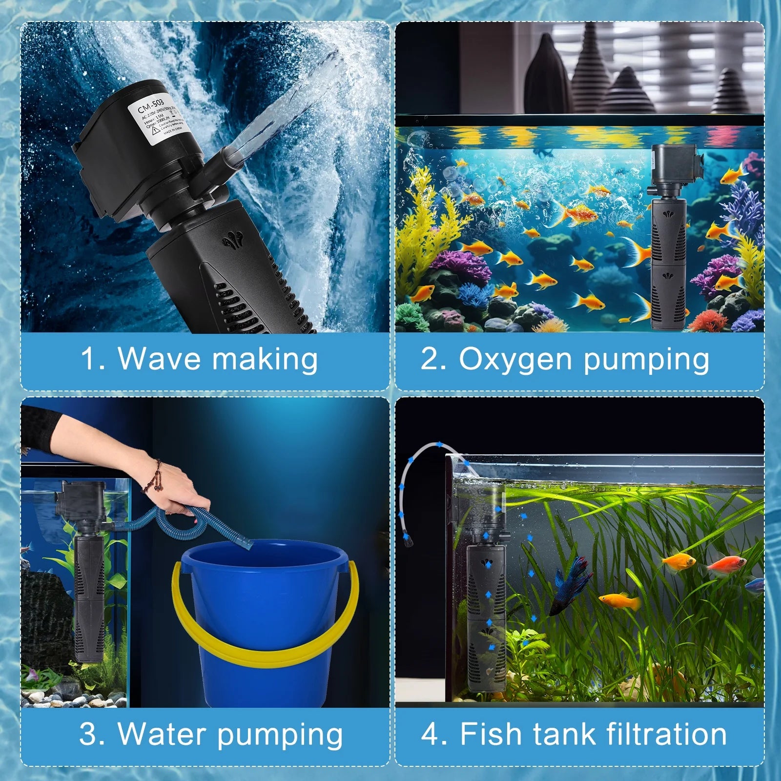 FINAQUA Aquarium Filter for 20-75 Gal Tank, Crystal 300GPH Biochemical Filtration, Powerful Pump, Submersible Internal Fish Tank Filter, Large Tank Pond Clear, Wavemaker & Air Supply 4-in-1