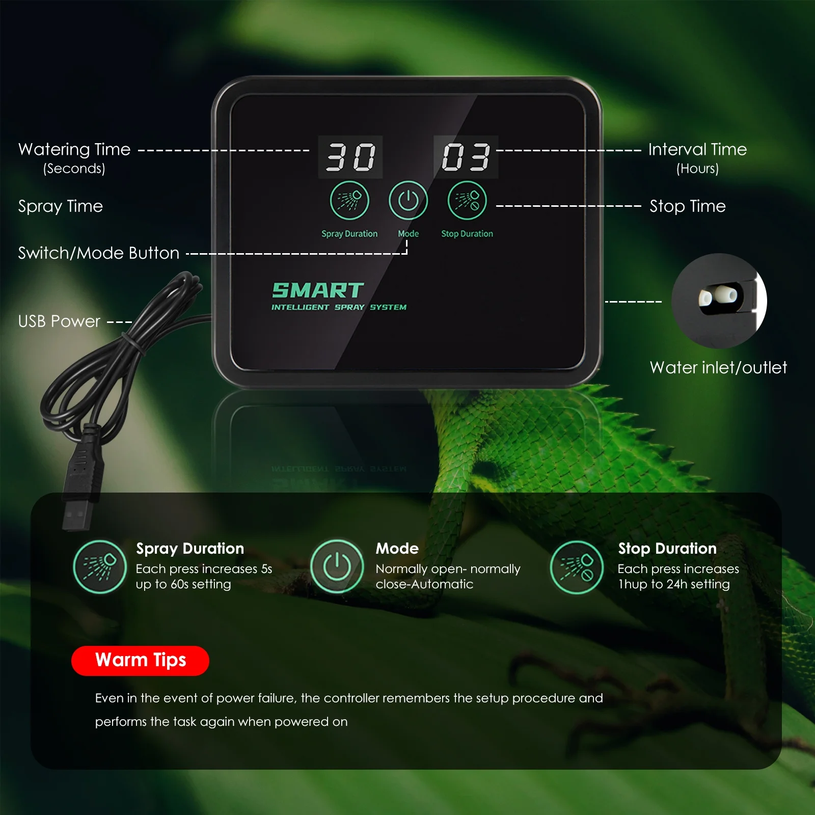 FINAQUA Reptile Humidifier with Automatic Mister – Intelligent Spray System, Adjustable Nozzles for Reptiles, Chameleons & Herbs