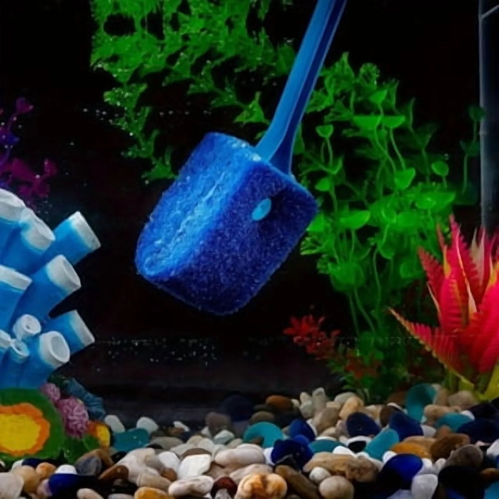 VNEKVA Aquarium Algae Scraper, Double-Sided Sponge Brush Cleaner with Towel, 15.4in Long Handle Scrubber for Glass Fish Tanks & Kitchen Use