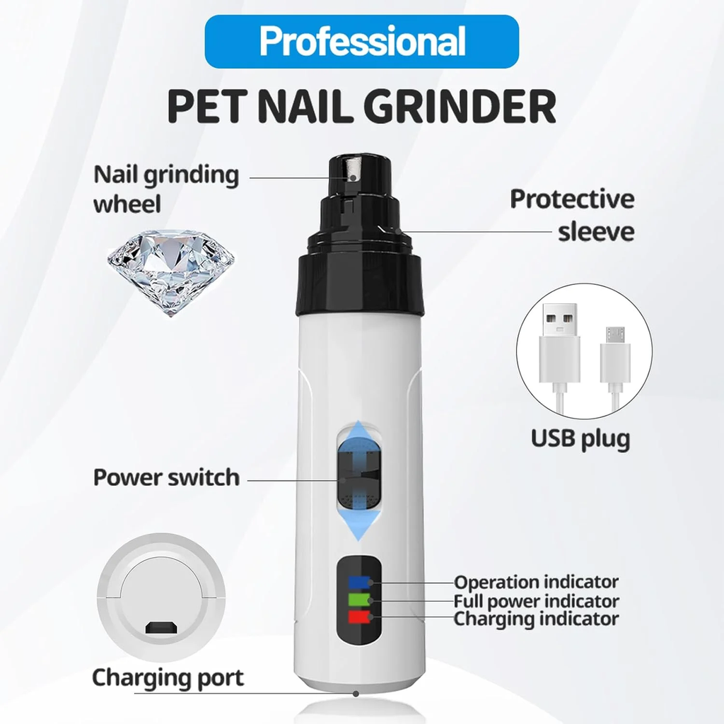 FINAQUA USB Rechargeable Pet Nail Grinder – Quiet Trimmer for Dogs, Cats & Rabbits, Safe Paw Grooming