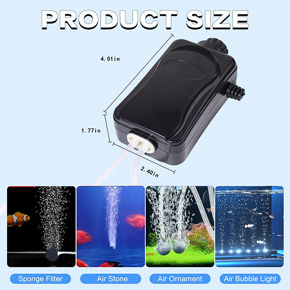 VNEKVA Mini Aquarium Air Pump Kit for 1-10 Gallon Fish Tanks - Includes Air Tube, Bubbler Stone, Check Valve & Sponge Filter