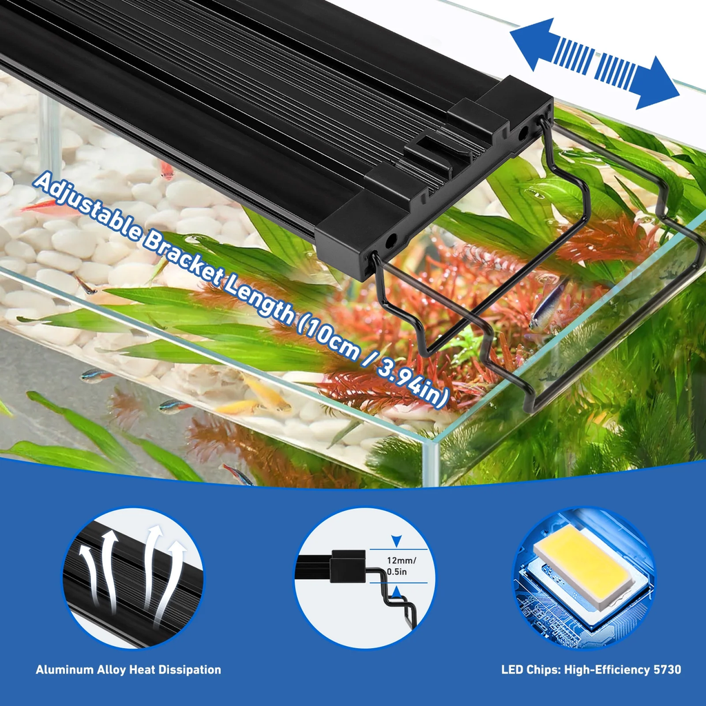 FINAQUA LED Aquarium Light, 22in with Retractable Bracket (Fits 24–30in Tanks), 5 Brightness Levels, Timer, 3 Color Modes: Full / White & Red / Blue