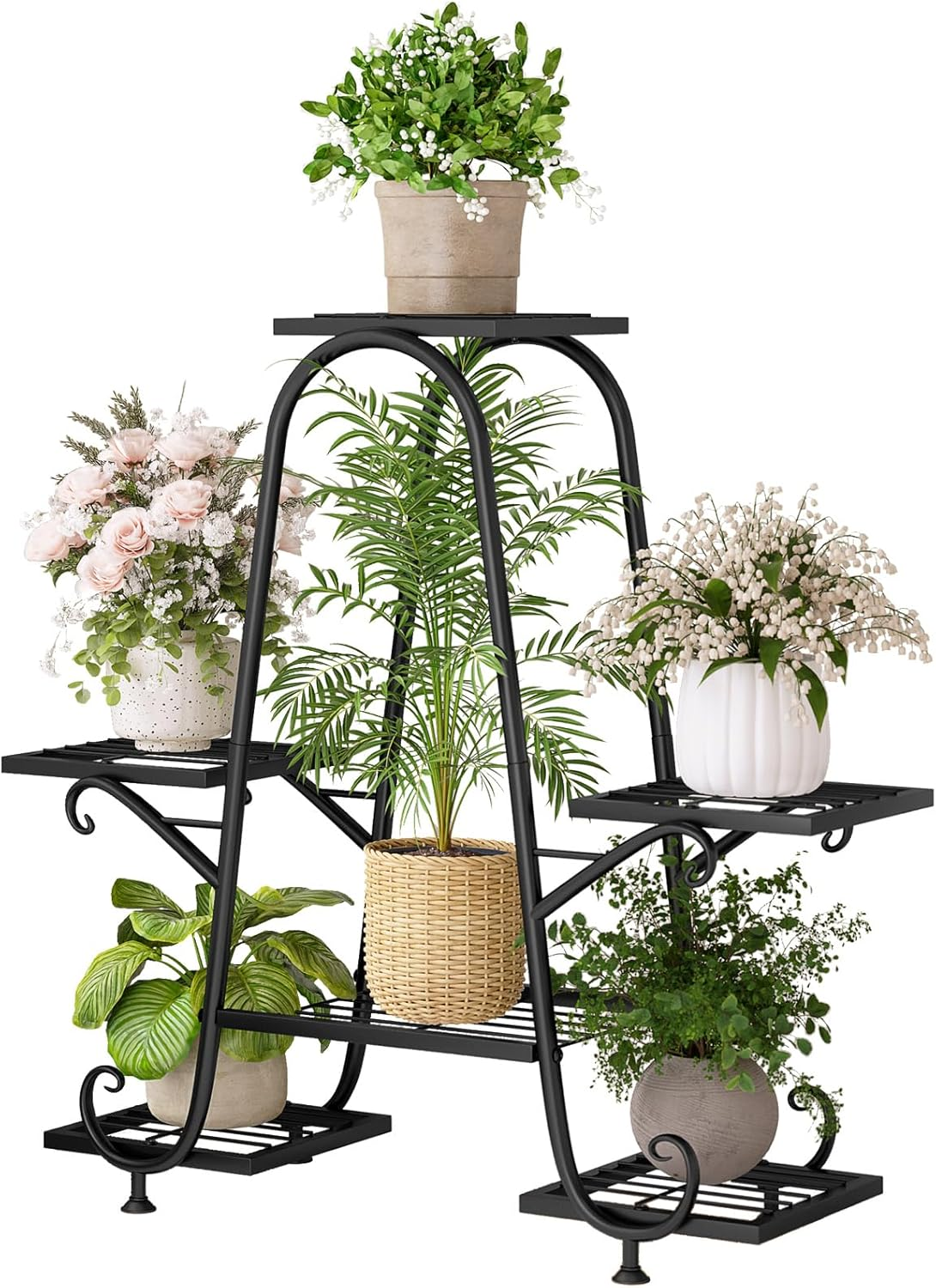 ZHEILFG Tall Metal Plant Stand, 6 Pot Indoor Outdoor Flower Shelf Rack, Corner Plant Holder for Living Room & Garden