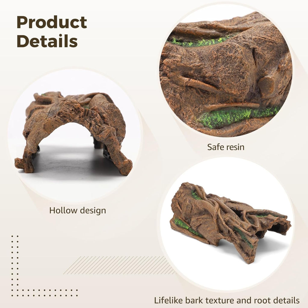 VNEKVA Large Resin Reptile Hideout Cave, Hollow Log Habitat Decor, Basking Platform for Ball Python, Bearded Dragon, Gecko, Lizard, Tortoise, Axolotl