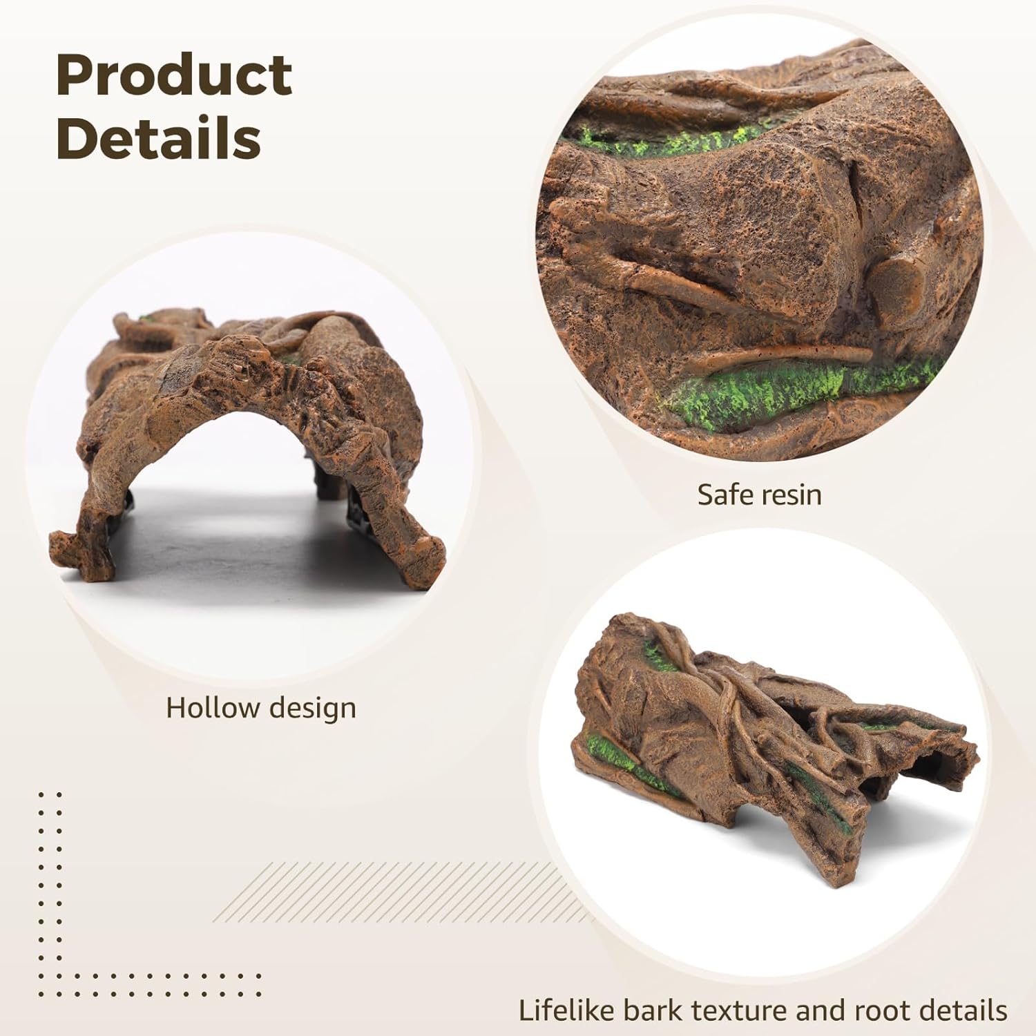 VNEKVA Large Resin Reptile Hideout Cave, Hollow Log Habitat Decor, Basking Platform for Ball Python, Bearded Dragon, Gecko, Lizard, Tortoise, Axolotl