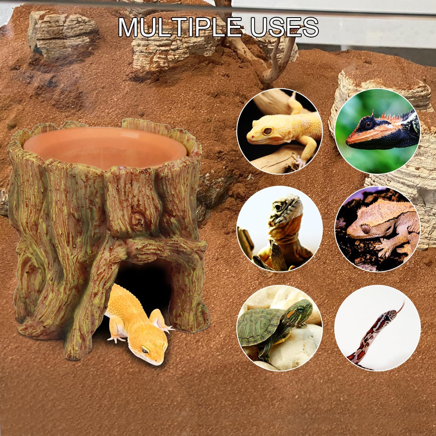 VNEKVA 2-in-1 Reptile Hide Cave with Terracotta Water Basin, Humidifying Shelter for Geckos, Lizards & Amphibians, Moisture Retention & Shedding Support
