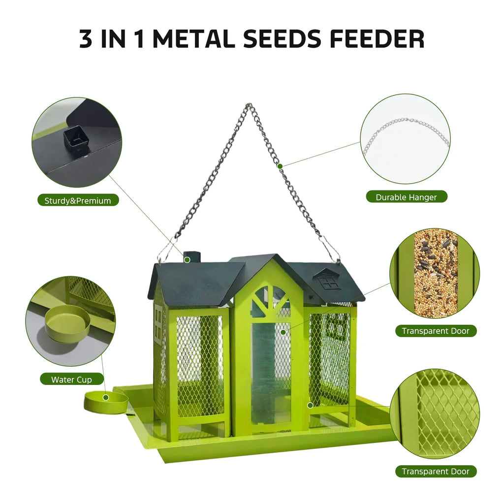 VNEKVA Outdoor Metal Mesh Wild Bird Feeder House - Triple Feeding Ports, Large Capacity, Weatherproof & Durable for Finch, Cardinal, Chickadee