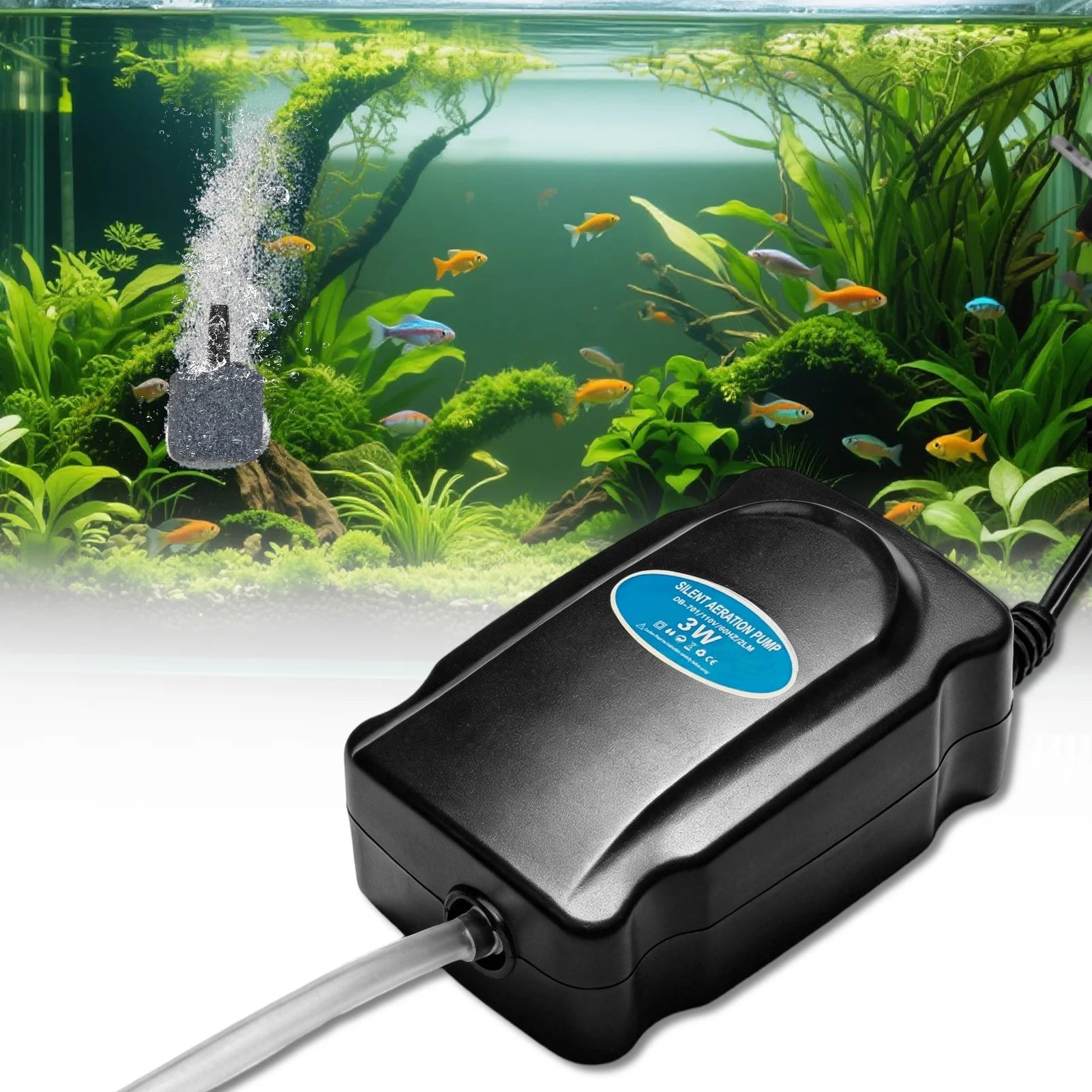 VNEKVA Mini Aquarium Air Pump Kit for 1-10 Gal Fish Tanks - with Air Tube, Bubbler Stone, Check Valve & Sponge Filter