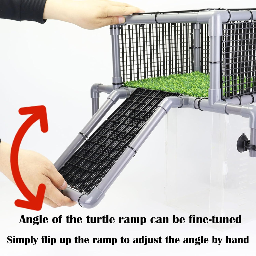 VNEKVA Above Tank Turtle Basking Platform, Elevated Dock with Non-Slip Ramp and Grass Mat, Fits 75 to 125 Gallon Aquariums