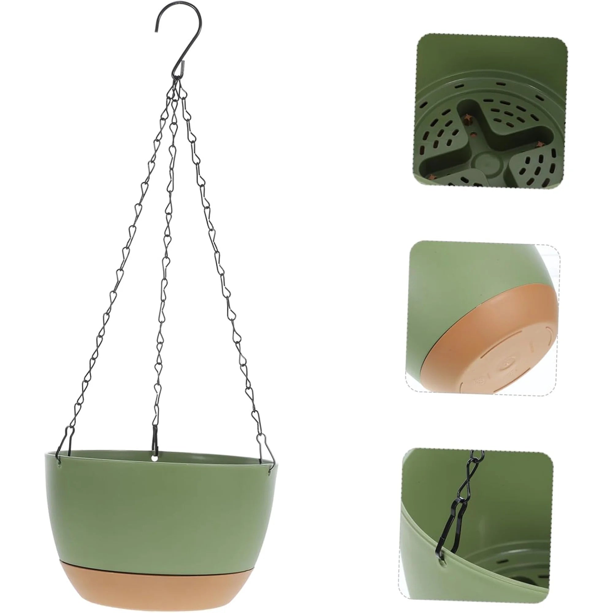 VNEKVA 3-Pack Green Plastic Hanging Planters with Chain, Coconut Coir & Tools - Indoor/Outdoor Flower Pots with Drainage Holes for Garden Porch