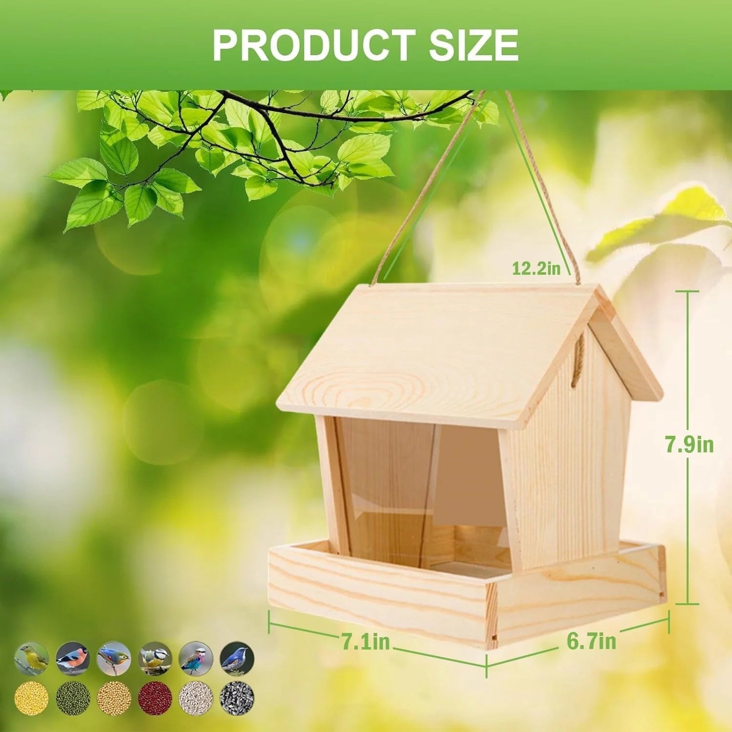 VNEKVA Wooden Hanging Bird Feeder for Outdoors - Weatherproof Automatic Wild Bird Feeder for Balconies, Villas & Garden Attraction