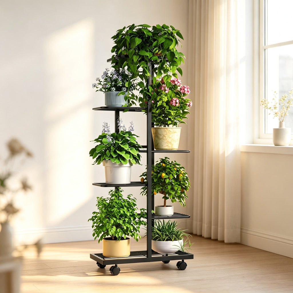 ZHEILFG 6-Tier Metal Plant Stand Indoor with Wheels, Flower Pot Holder Shelf, Indoor Outdoor Planter for Patio Garden Balcony, Black