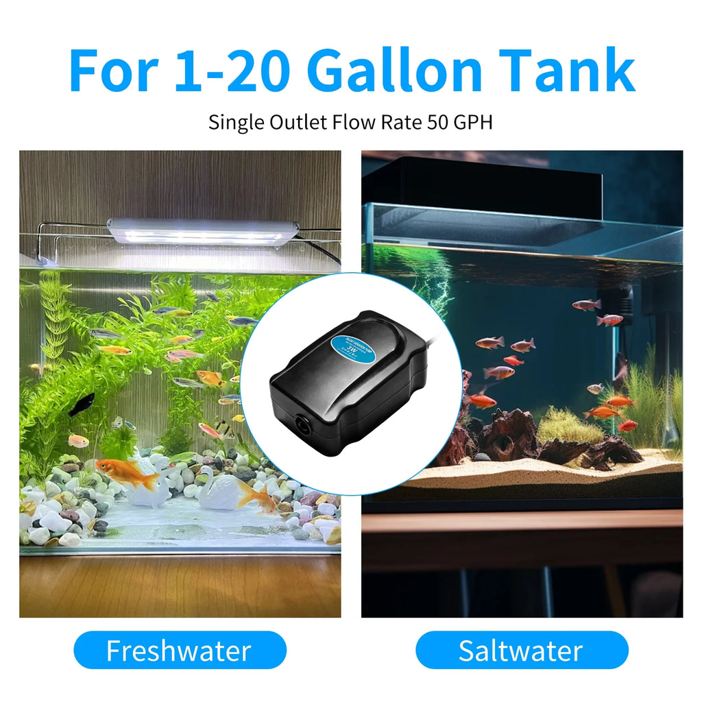 VNEKVA 3W Mini Aquarium Air Pump Kit for 5-20 Gallon Tanks - Complete with Air Tube, Bubbler Stone & Check Valve