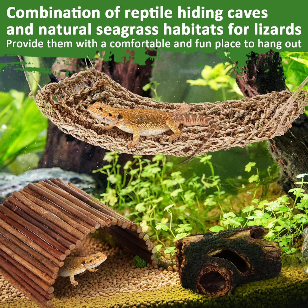 VNEKVA Bearded Dragon Tank Accessories Set, Reptile Bridge Hammock with Vines, Feeding Bowl & Hide Cave