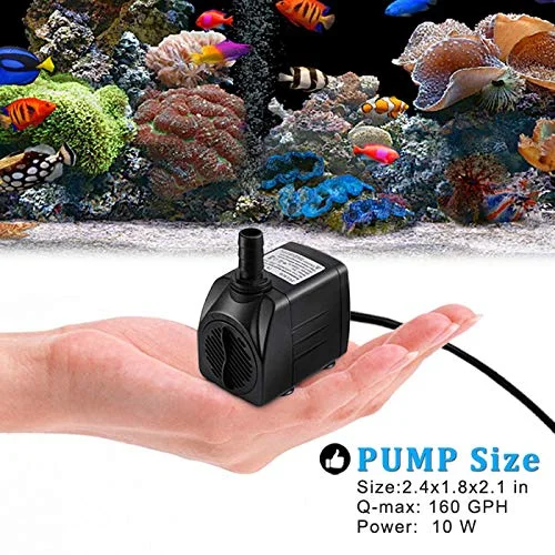 FINAQUA 160GPH Submersible Fountain Pump, Ultra Quiet 10W Water Pump for Pond, Fish Tank, Aquarium & Hydroponics