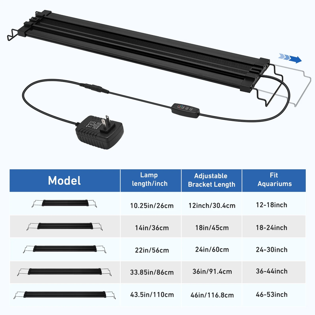 FINAQUA LED Aquarium Light, 22in with Retractable Bracket (Fits 24–30in Tanks), 5 Brightness Levels, Timer, 3 Color Modes: Full / White & Red / Blue