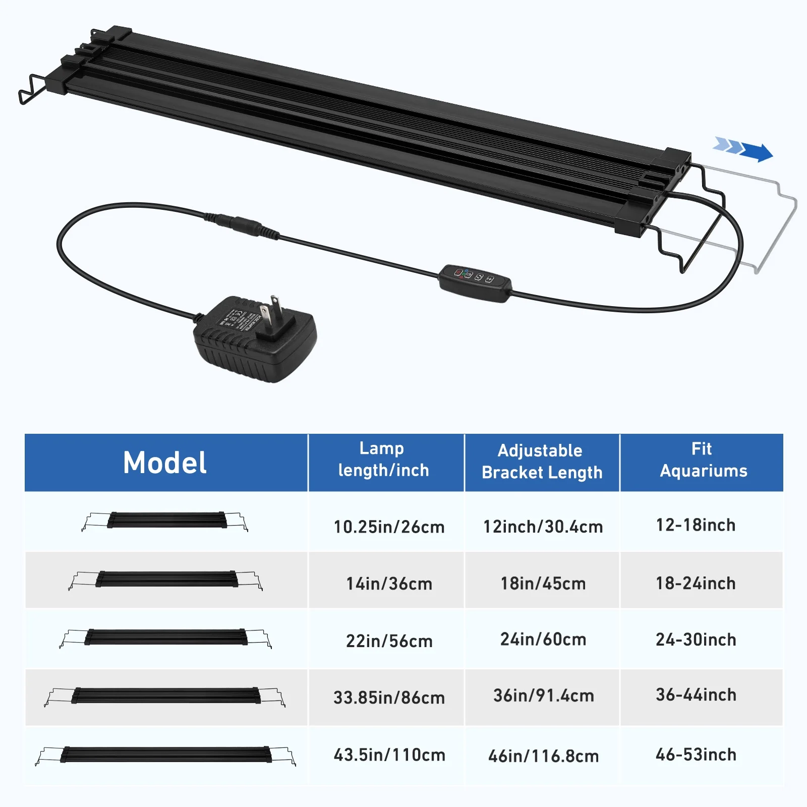 FINAQUA LED Aquarium Light, 22in with Retractable Bracket (Fits 24–30in Tanks), 5 Brightness Levels, Timer, 3 Color Modes: Full / White & Red / Blue