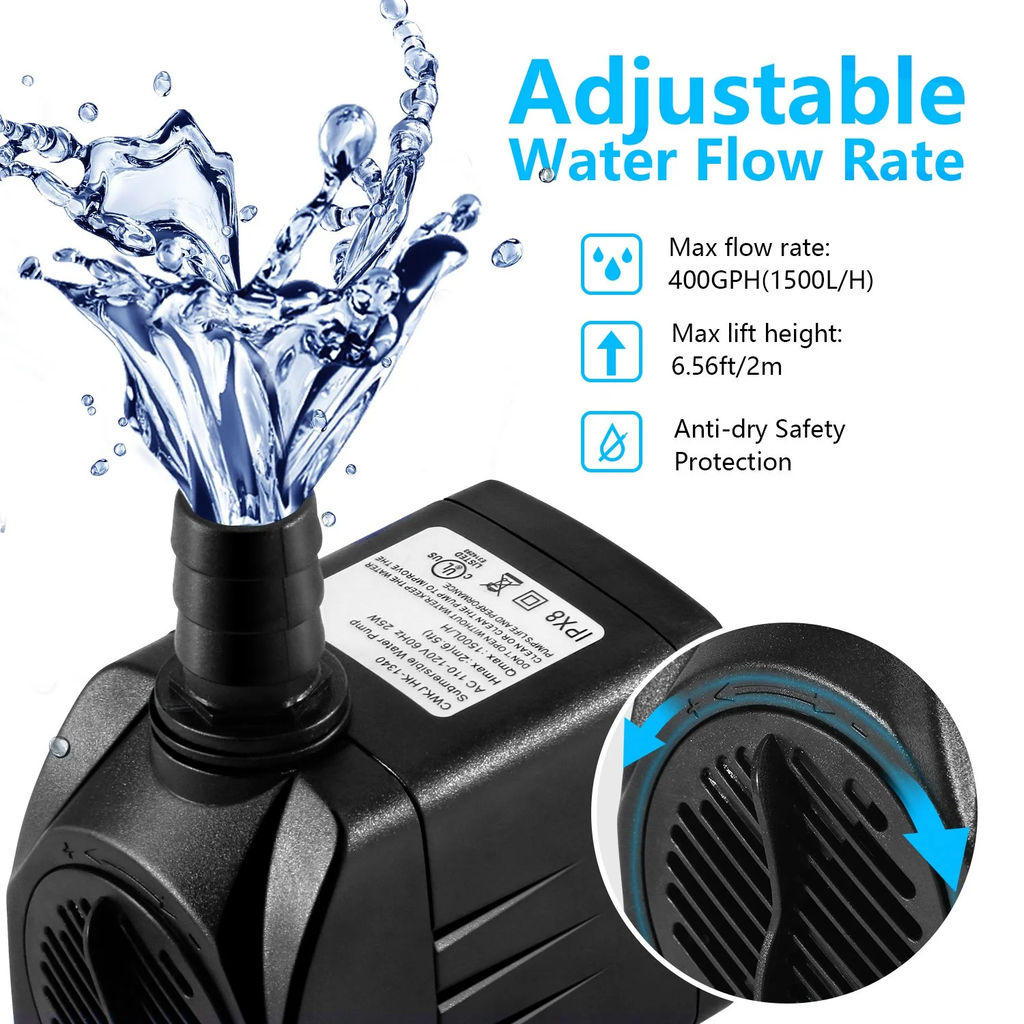 FINAQUA 400GPH Submersible Fountain Pump, Ultra Quiet 25W Water Pump for Pond, Fish Tank, Aquarium & Hydroponics