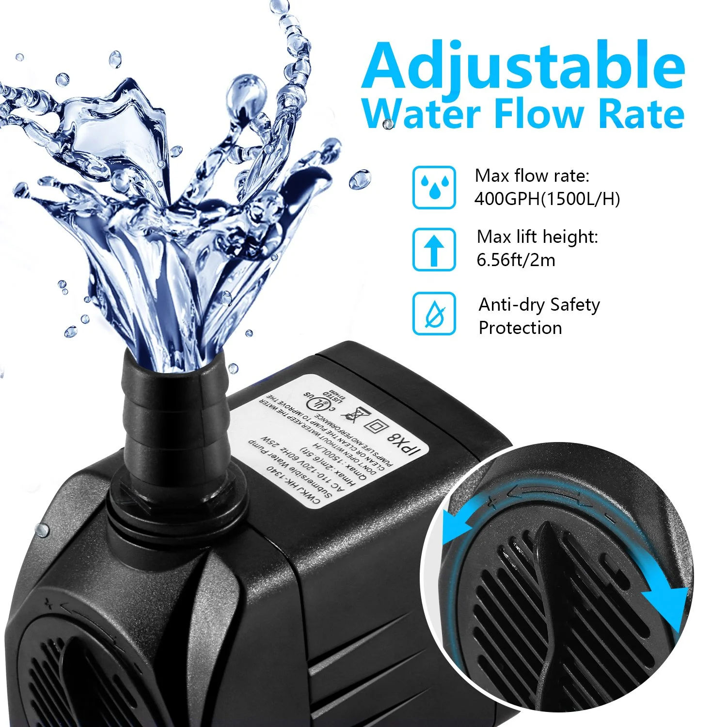 FINAQUA 400GPH Submersible Fountain Pump, Ultra Quiet 25W Water Pump for Pond, Fish Tank, Aquarium & Hydroponics