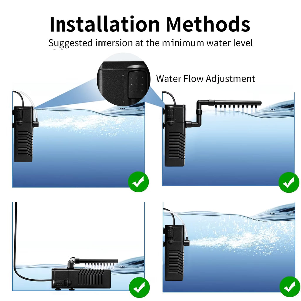 VNEKVA 145GPH Aquarium Filter with Aeration, 8W Submersible Internal Filter for 5-15 Gallon Fish Tanks