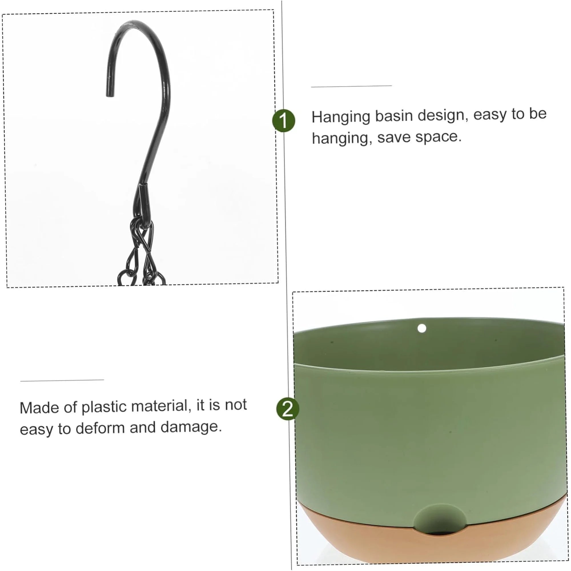 VNEKVA 3-Pack Green Plastic Hanging Planters with Chain, Coconut Coir & Tools - Indoor/Outdoor Flower Pots with Drainage Holes for Garden Porch