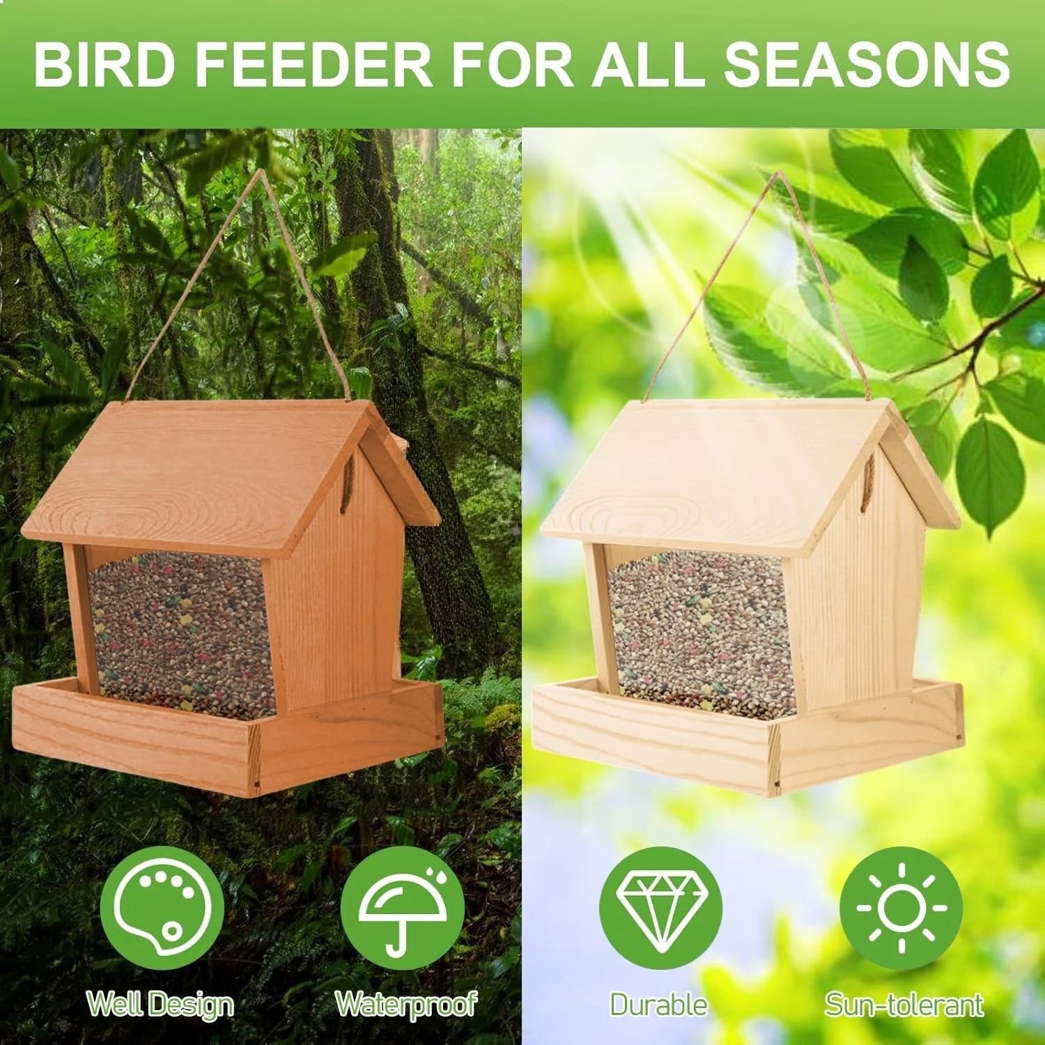 VNEKVA Wooden Hanging Bird Feeder for Outdoors - Weatherproof Automatic Wild Bird Feeder for Balconies, Villas & Garden Attraction