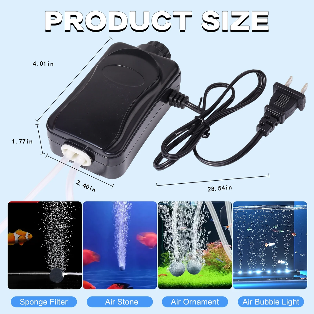 FINAQUA Aquarium Air Pump with Dual Outlets, Adjustable Oxygen Bubbler with Air Stones, Tubing & Check Valves