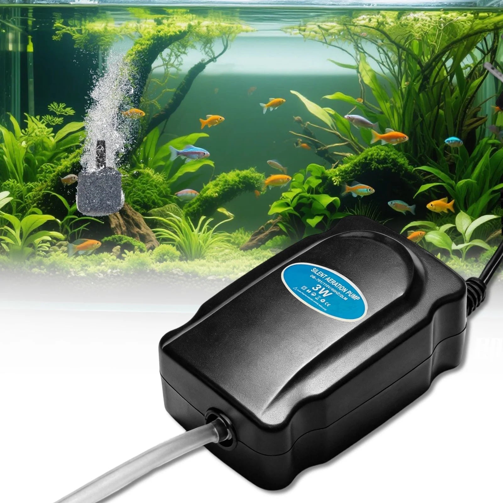 VNEKVA 3W Mini Aquarium Air Pump Kit for 5-20 Gallon Tanks - Complete with Air Tube, Bubbler Stone & Check Valve
