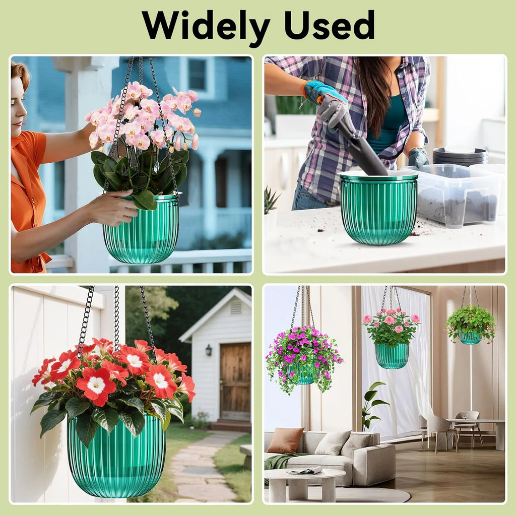 VNEKVA 3-Pack 6.5 Inch Self-Watering Hanging Planters with Hooks & Drainage Holes - Green Indoor/Outdoor Wall/Window Plant Pots for Home Decor