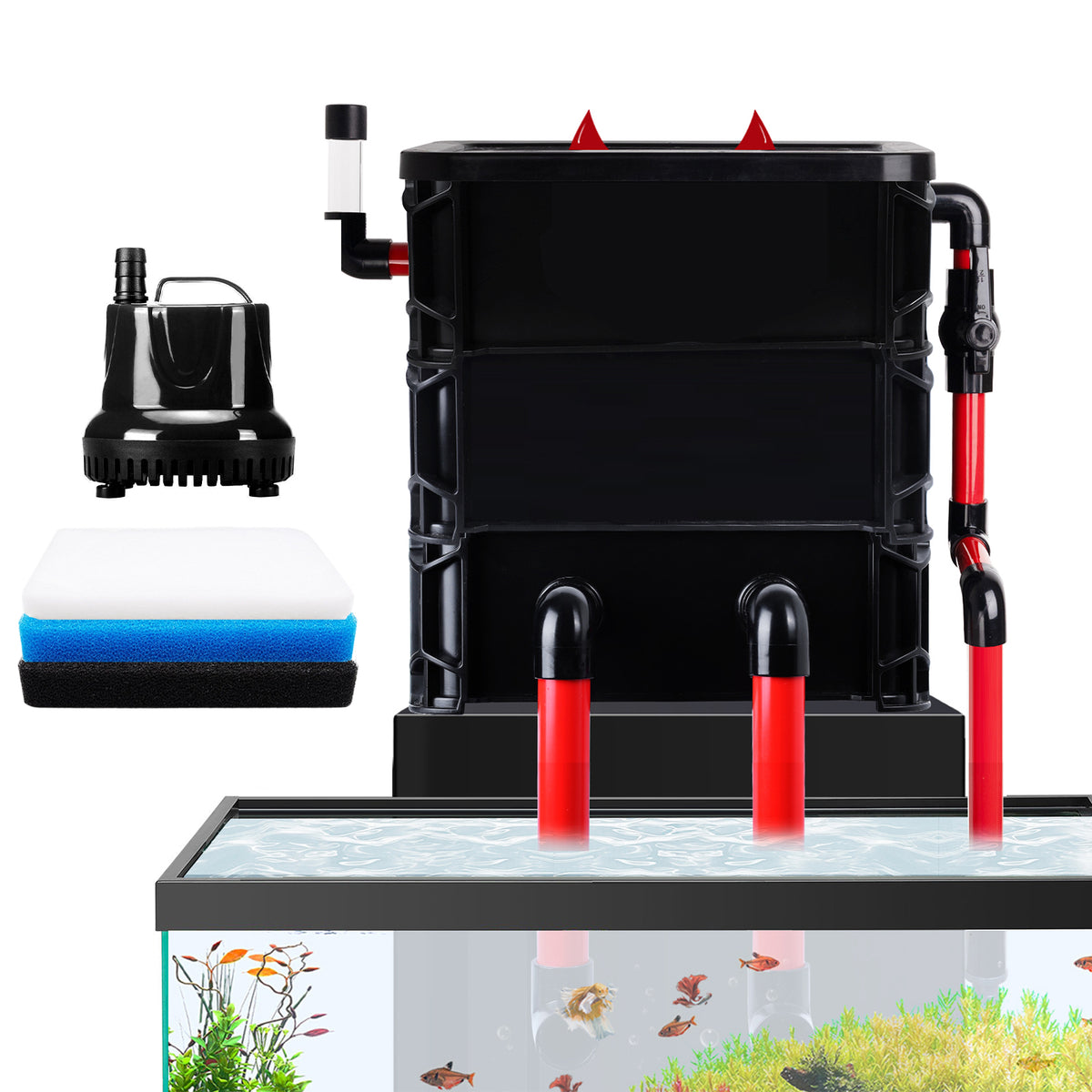VNEKVA 3-Layer Fish Tank Filter Box with 25W Pump, Adjustable Inlet & 3 Filter Pads, Wet Dry Drip Filtration System for 10-55 Gallon Fish and Turtle Tanks