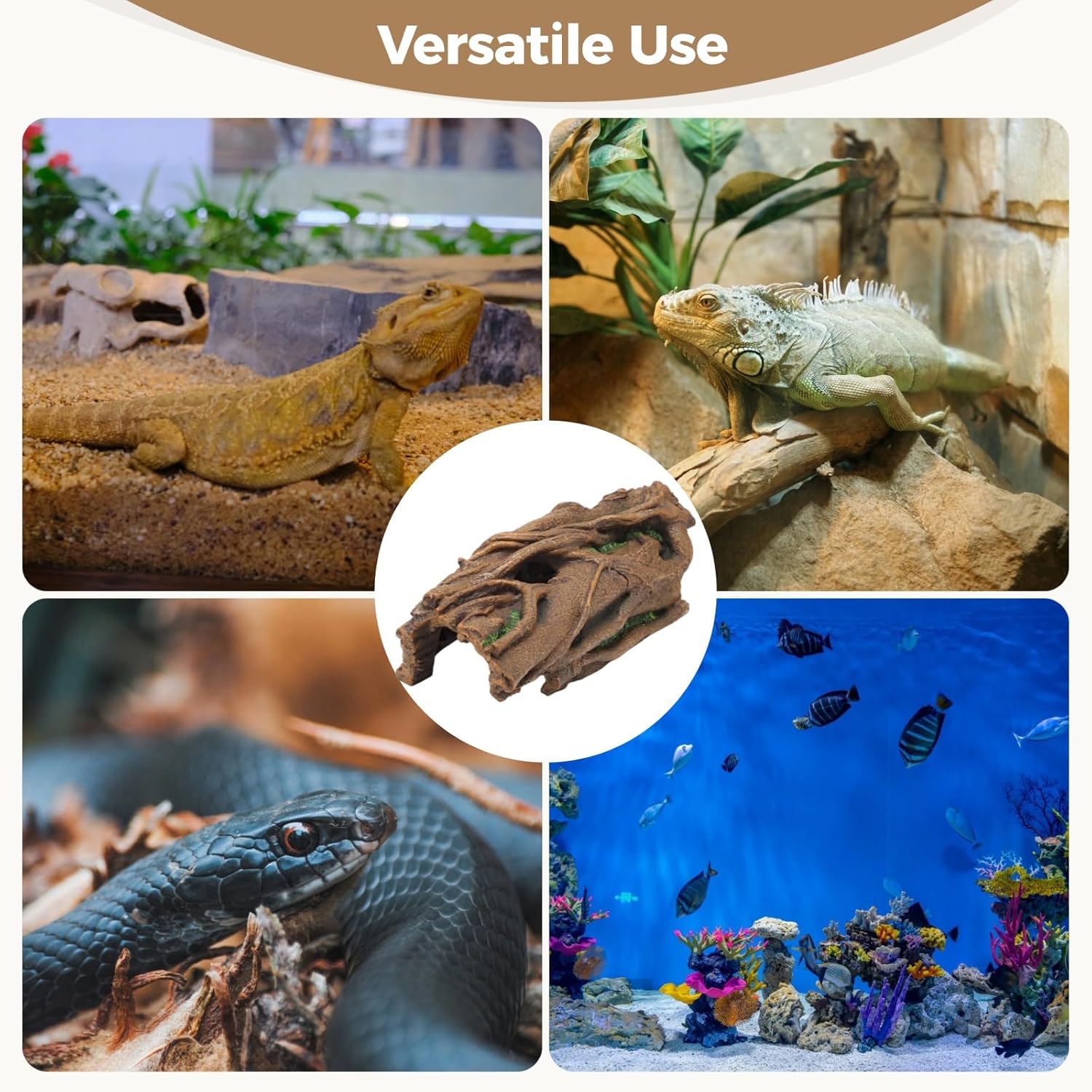 VNEKVA Large Resin Reptile Hideout Cave, Hollow Log Habitat Decor, Basking Platform for Ball Python, Bearded Dragon, Gecko, Lizard, Tortoise, Axolotl