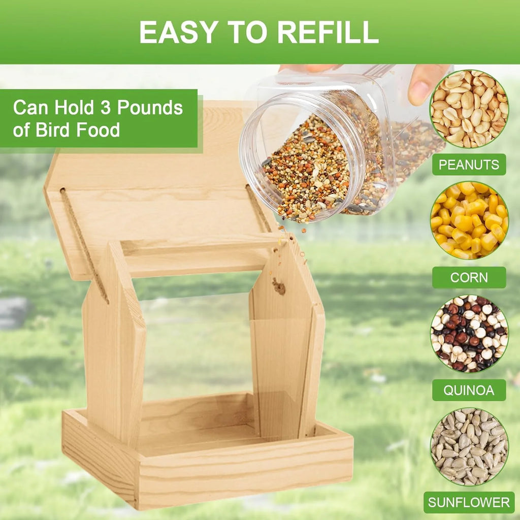 VNEKVA Wooden Hanging Bird Feeder for Outdoors - Weatherproof Automatic Wild Bird Feeder for Balconies, Villas & Garden Attraction