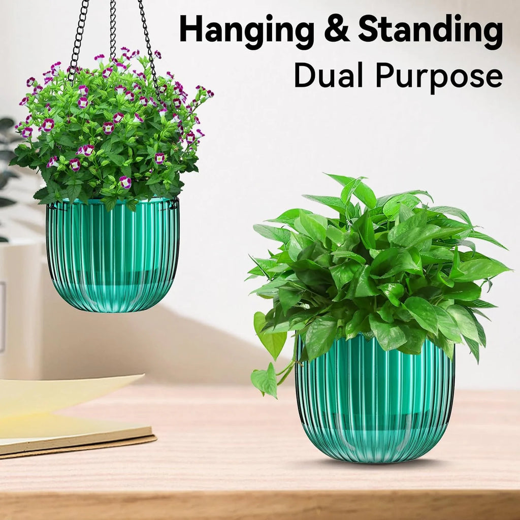 VNEKVA 3-Pack 6.5 Inch Self-Watering Hanging Planters with Hooks & Drainage Holes - Green Indoor/Outdoor Wall/Window Plant Pots for Home Decor