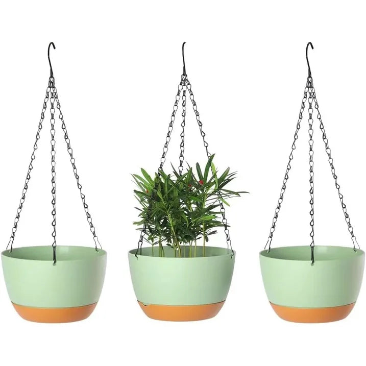VNEKVA 3-Pack Green Plastic Hanging Planters with Chain, Coconut Coir & Tools - Indoor/Outdoor Flower Pots with Drainage Holes for Garden Porch