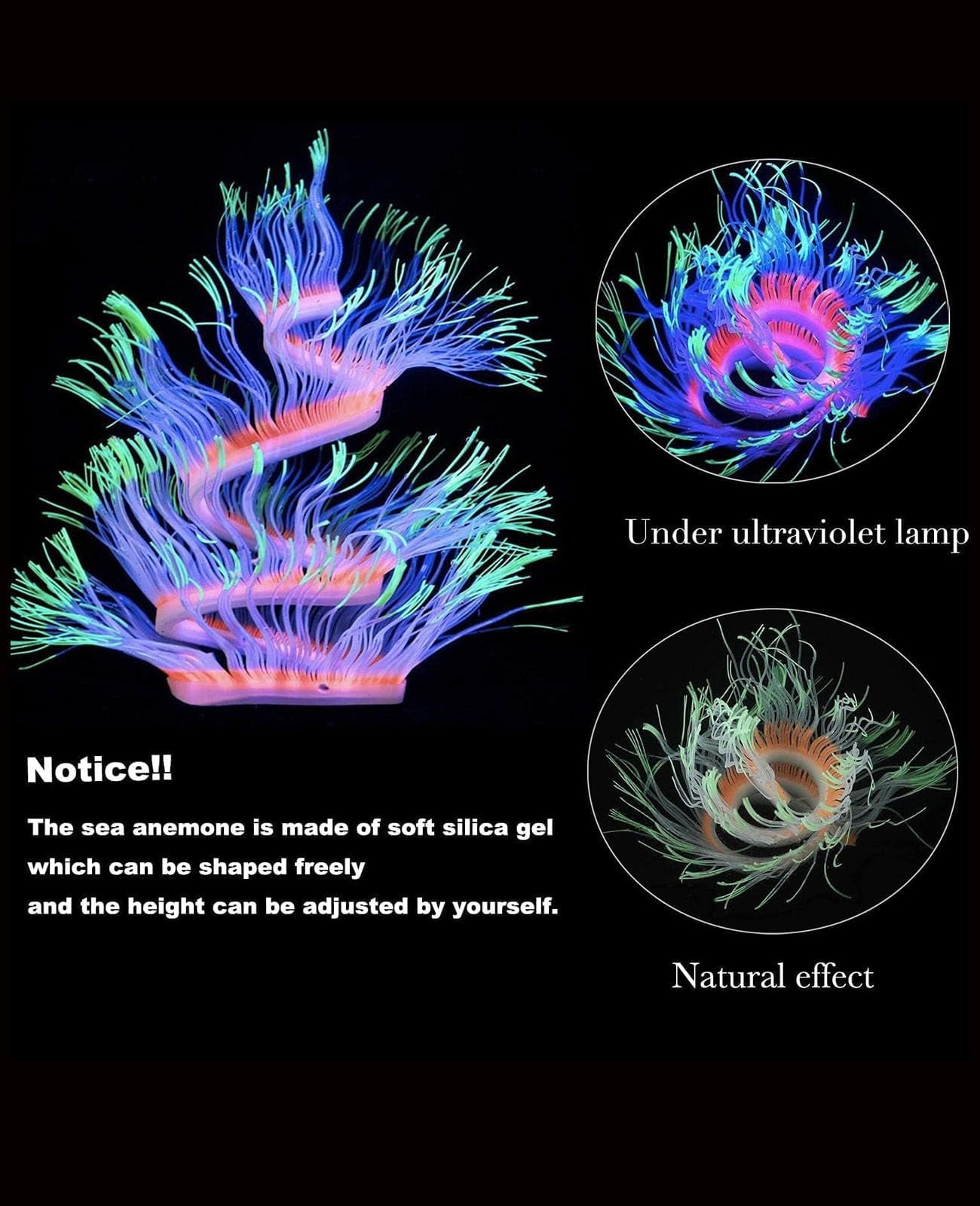 VNEKVA 4PCS Glowing Artificial Aquarium Decorations – Silicone Coral Reef Plants for Fish Tanks, Small & Large Bowls – Glow Effect Under LED Light