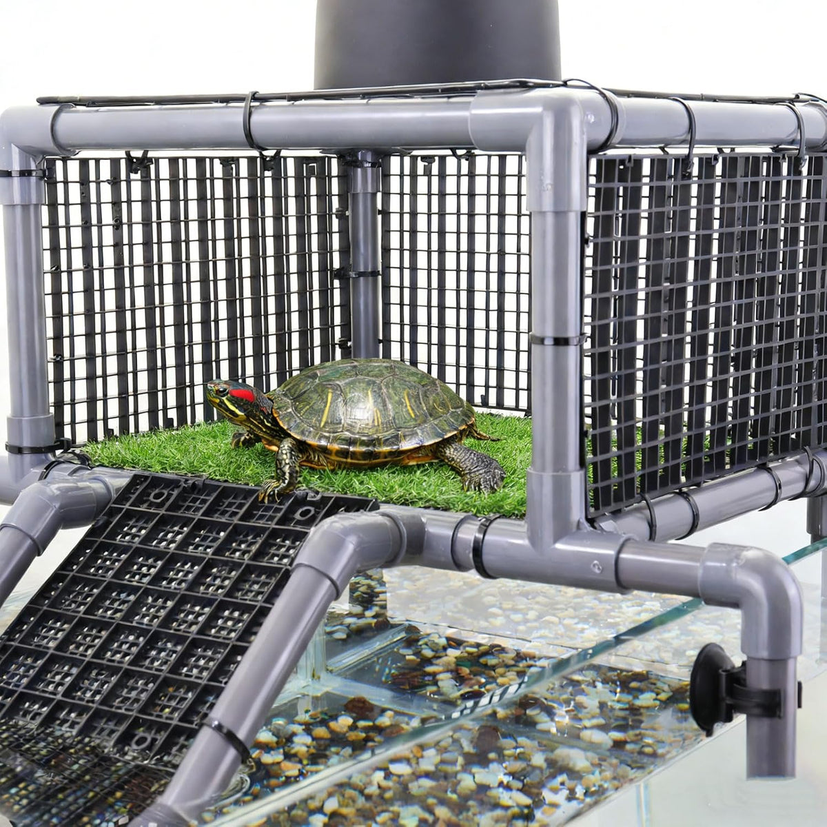 VNEKVA Above Tank Turtle Basking Platform, Elevated Dock with Non-Slip Ramp and Grass Mat, Fits 75 to 125 Gallon Aquariums