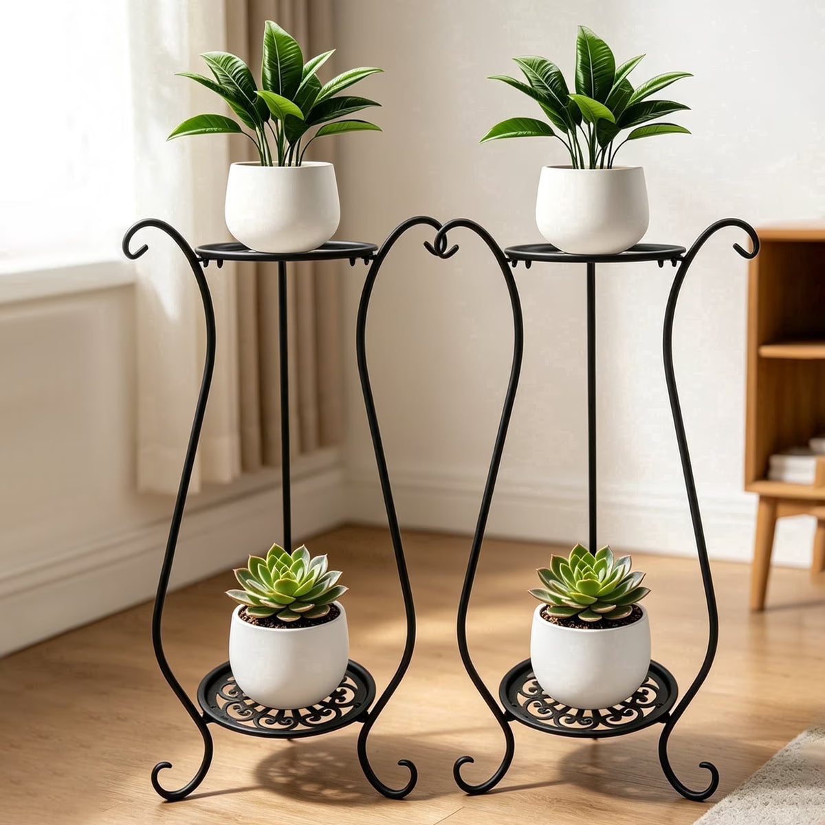 ZHEILFG Indoor Plant Stand, 2‑Tier Metal (Set of 2), Round Indoor & Outdoor Potted Plant Holder, Black Corner Display Racka