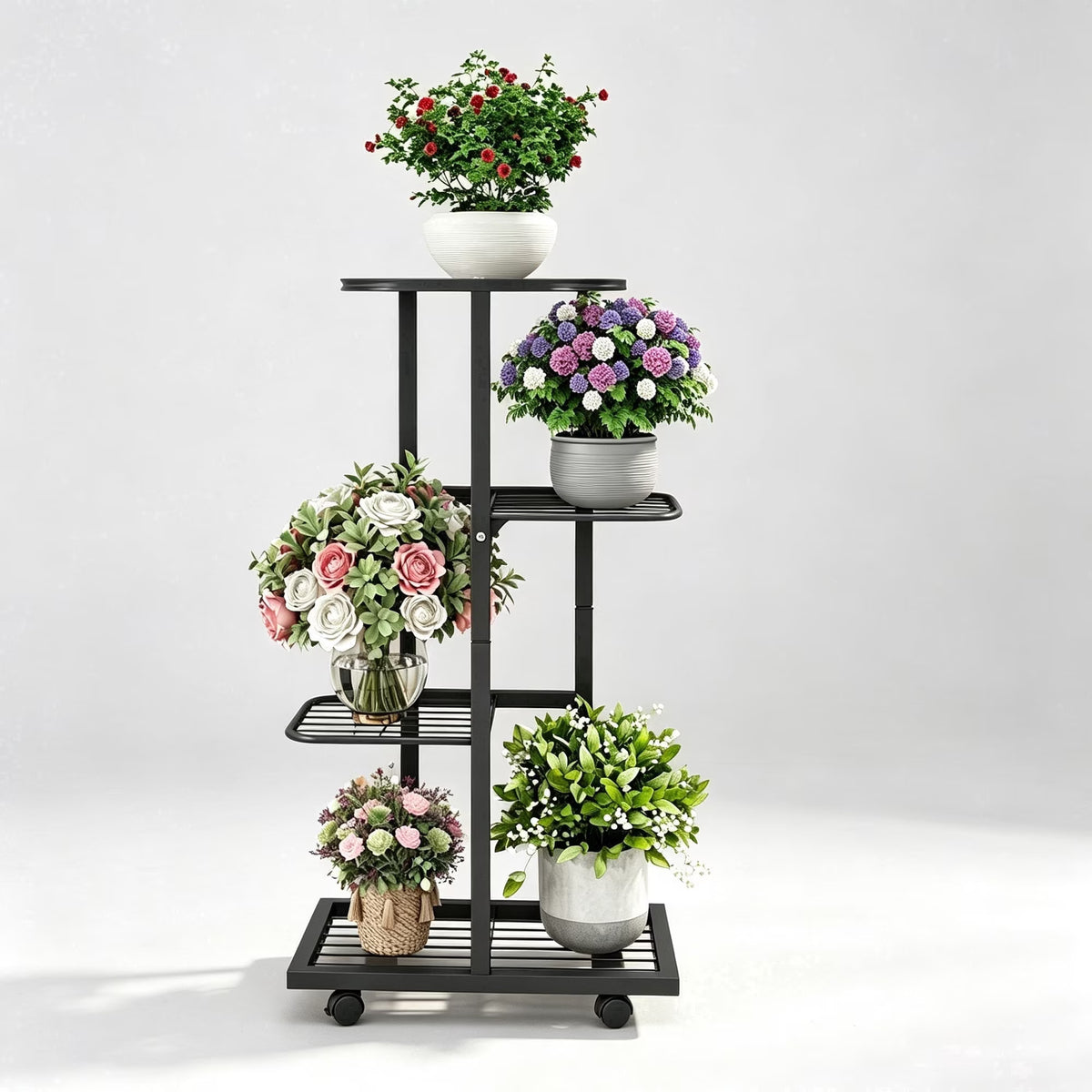 ZHEILFG plant stand indoor with Wheels, 4‑Tier Metal Flower Pot Holder Shelf, Indoor Outdoor Planter for Patio Garden Balcony, Black