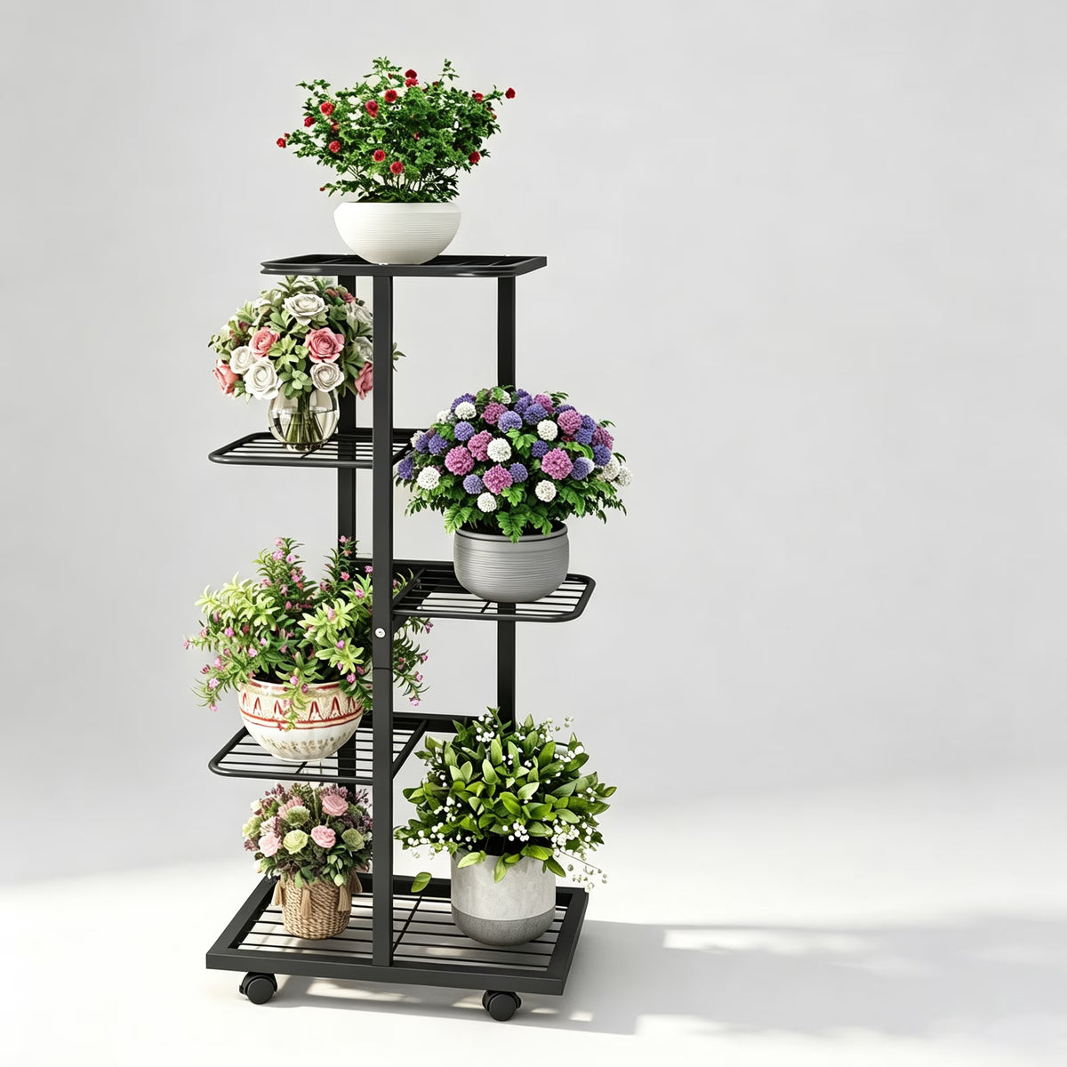ZHEILFG 5-Tier Metal Plant Stand Indoor with Wheels, Flower Pot Holder Shelf, Indoor Outdoor Planter for Patio Garden Balcony, Black