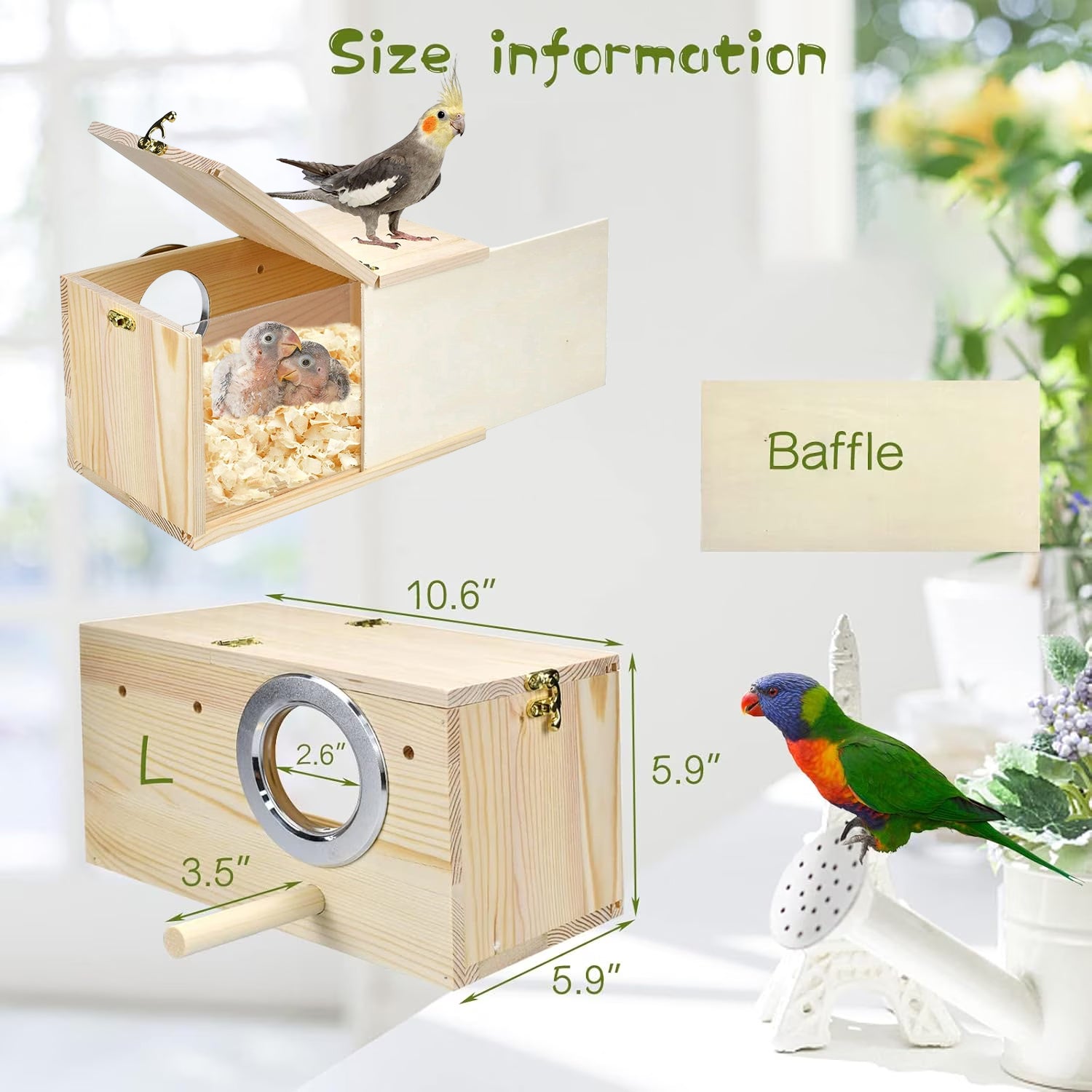 FINAQUA Parakeet Nesting Box, Natural Pine & Acrylic with Detachable Board, for Budgie, Cockatiel, Small Parrots, Lovebirds & Conures (10.6"×5.9"×5.9")