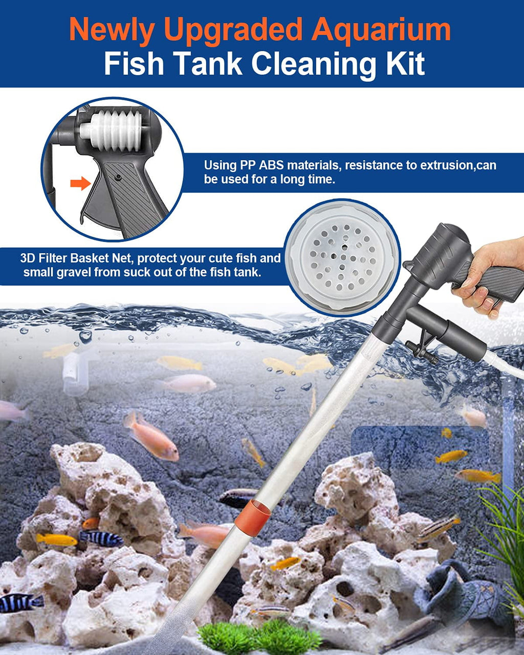 VNEKVA Fish Tank Gravel & Sand Cleaner Kit with Vacuum Pump, Water Changer, Thermometer