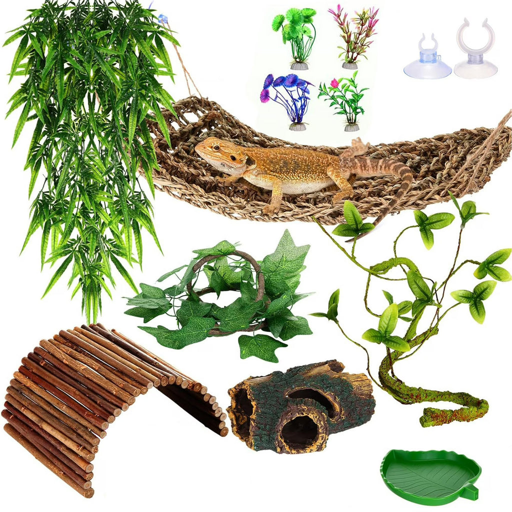 VNEKVA Bearded Dragon Tank Accessories Set, Reptile Bridge Hammock with Vines, Feeding Bowl & Hide Cave