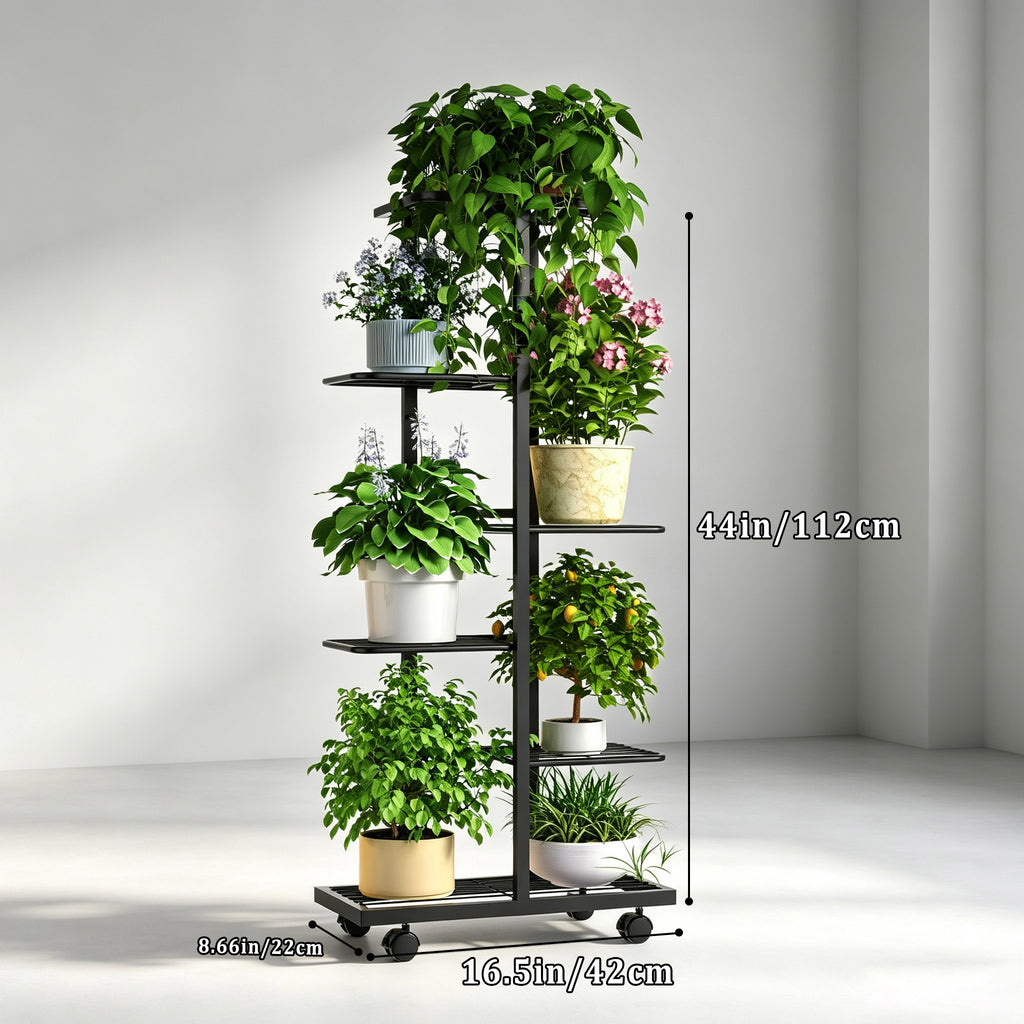ZHEILFG 6-Tier Metal Plant Stand Indoor with Wheels, Flower Pot Holder Shelf, Indoor Outdoor Planter for Patio Garden Balcony, Black